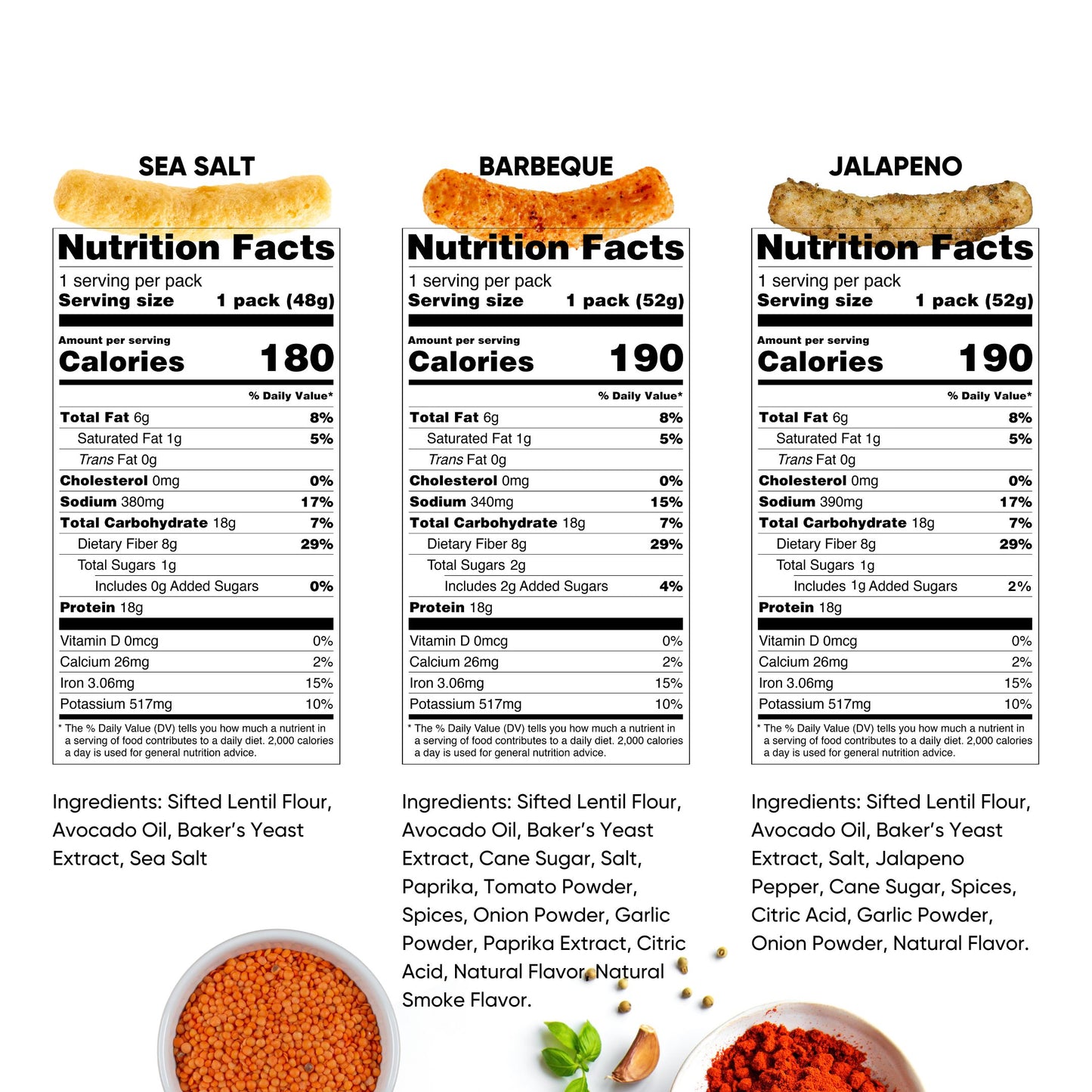 Nutrition facts label and ingredients list for different flavors of aggropops lentil puffs.