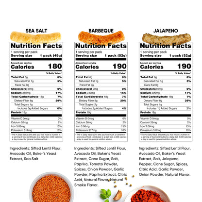 Nutrition facts label and ingredients list for different flavors of aggropops lentil puffs.